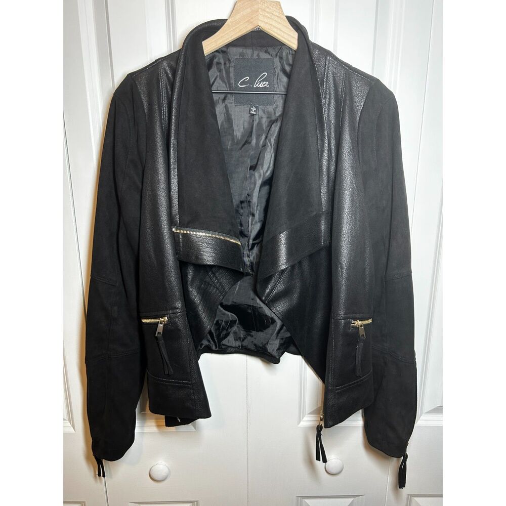 C. Luce Black Moto Jacket Draped Open Front Gold Zip Accents Size L